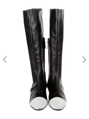 Manolo Blahnik NWT Black Leather Knee-High Boots with White Toe Cap - Women